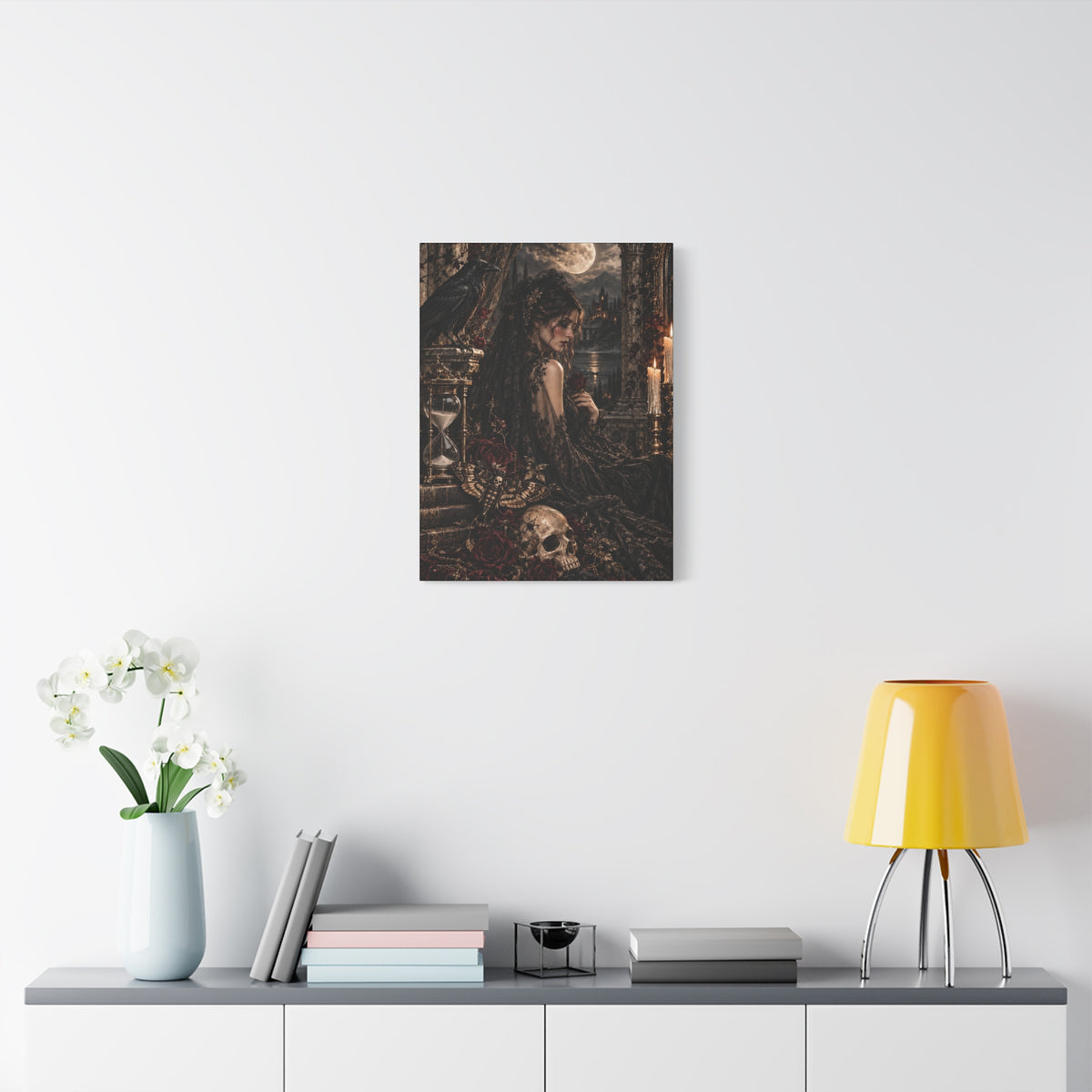 Gothic Mourning Matte Canvas Wall Art —Cathedral Sorrows -Dark Victorian Lady with Skull & Roses