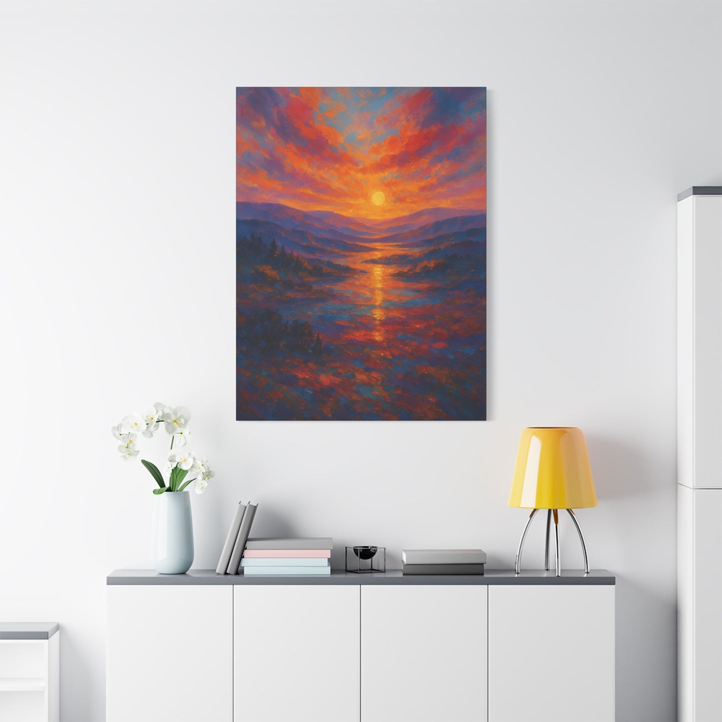 Sunset Over Mountains Canvas Wall Art — Vibrant Sunset Landscape Matte Canvas