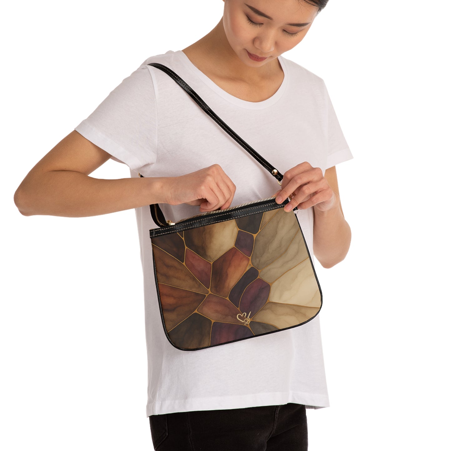 Sienna Artisan Luxe small shoulder bag lifestyle view – earthtone stained glass floral print compact crossbody by the Soulful Brush
