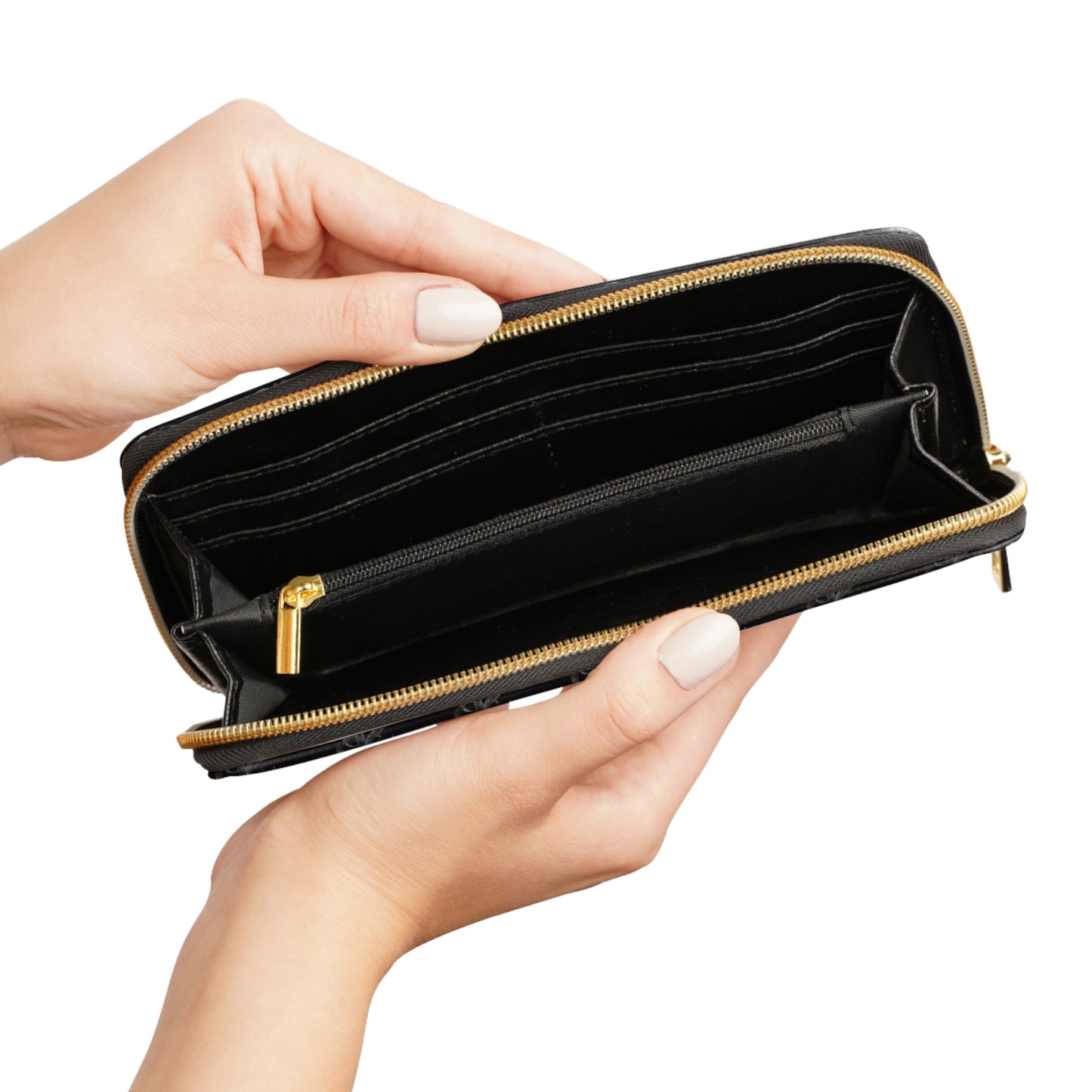 Eclipse- Zipper Wallet – Classic Black Logo Print with Gold Hardware