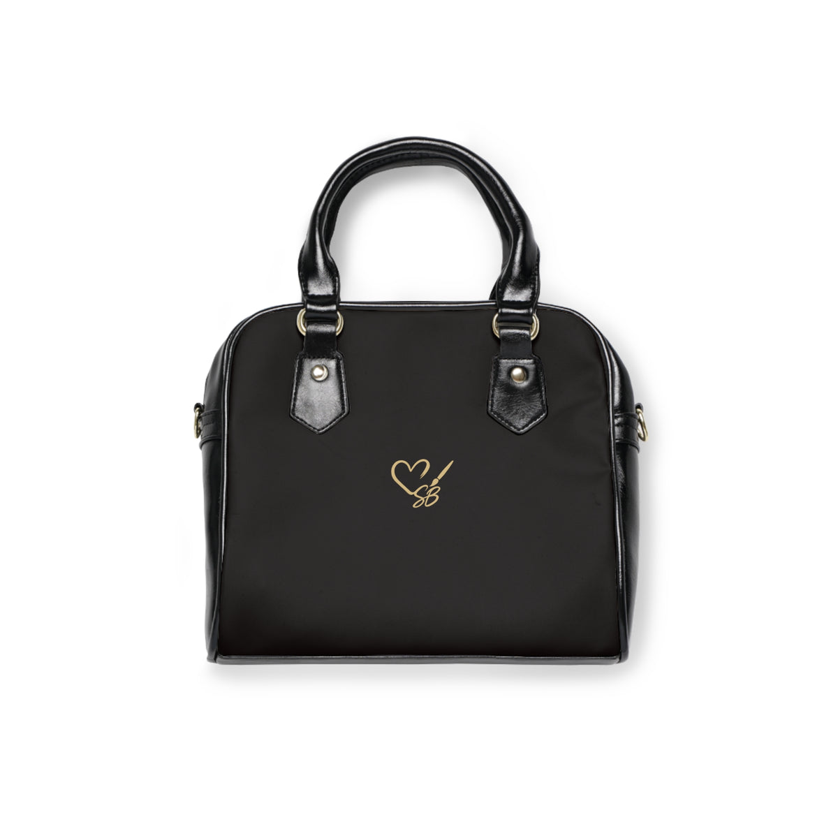 Black back of The Gilded Queen shoulder handbag with the Soulful Brush heart-and-brush logo.