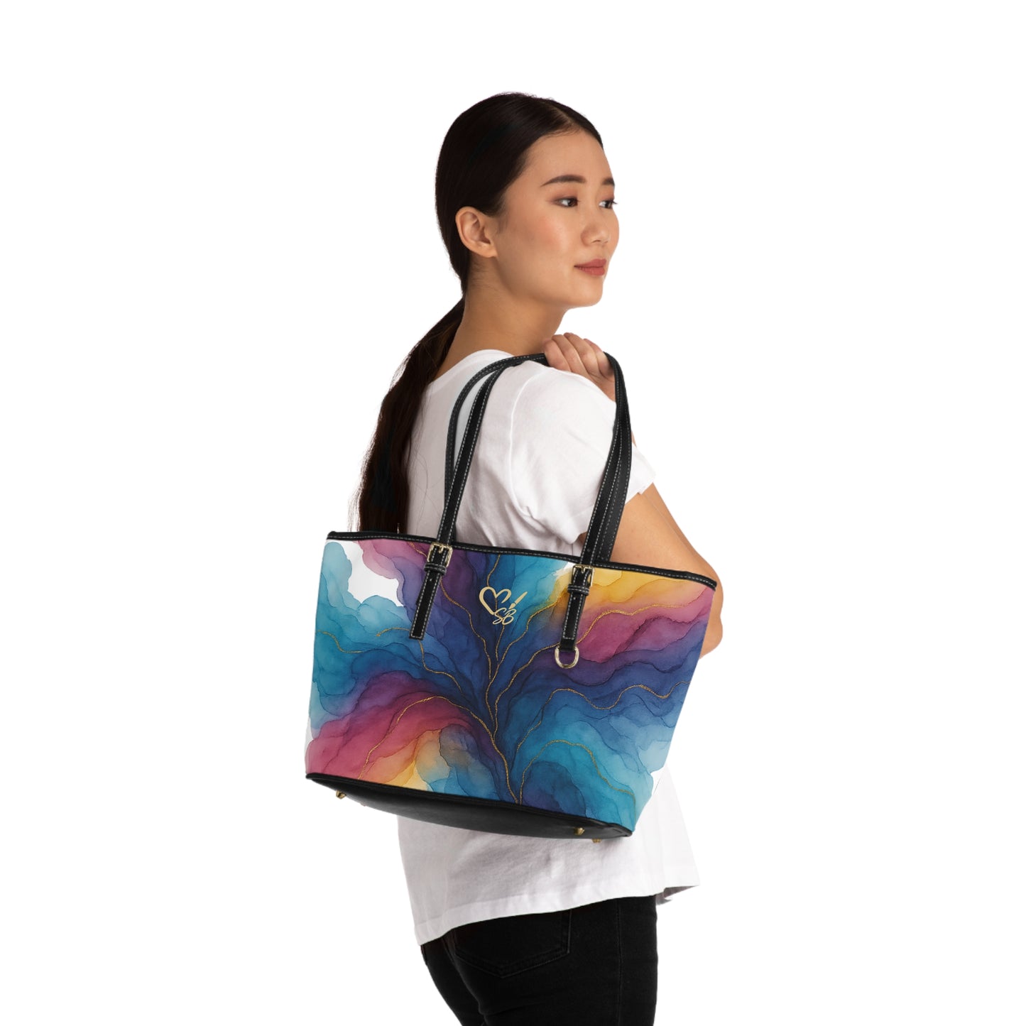 Gloria Artisan Luxe shoulder bag lifestyle view 16 x10 – colorful watercolor wave abstract print structured shoulder bag by the Soulful Brush
