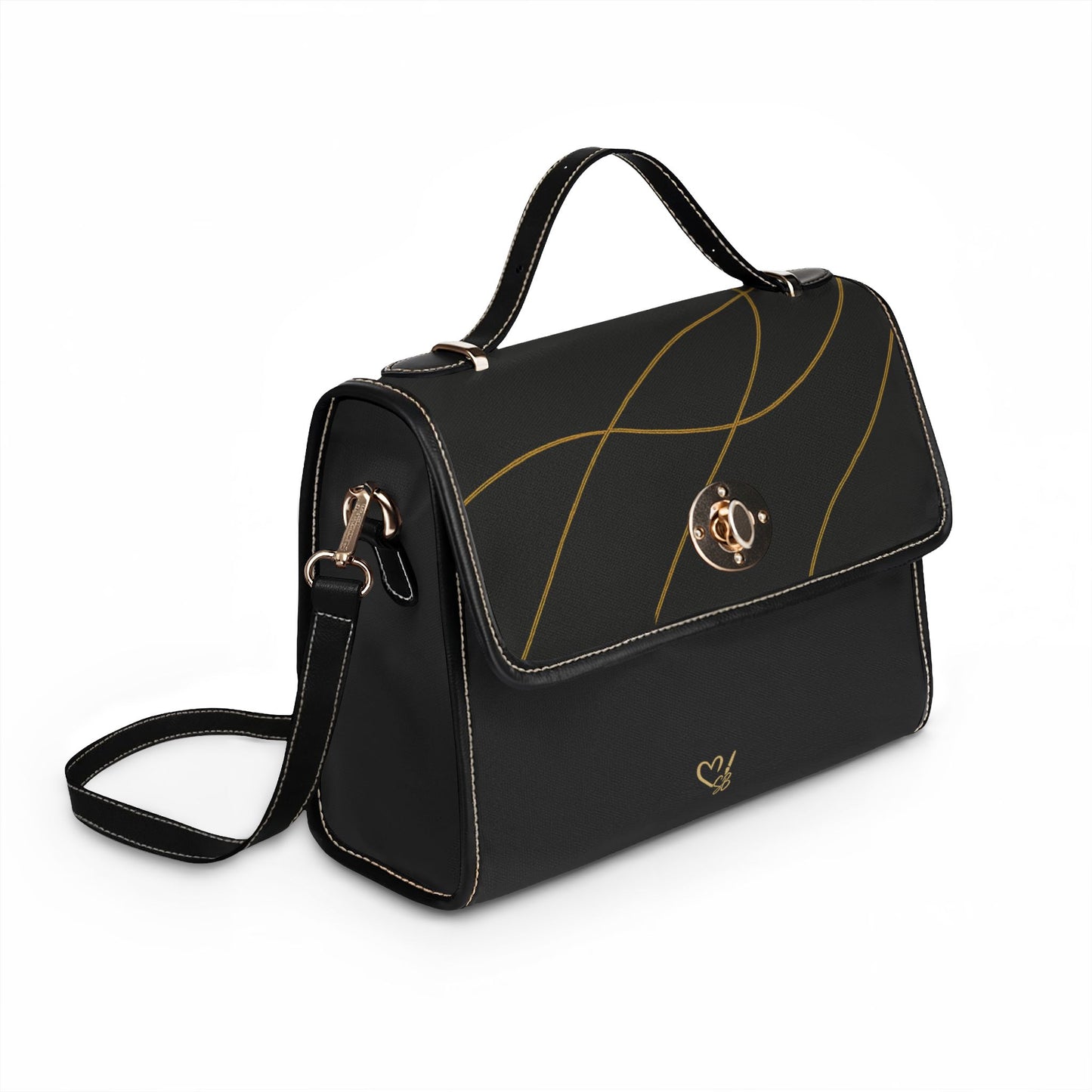 Waterproof Canvas Bag — Black Gold Minimalist Handbag with Top Handle & Crossbody Strap