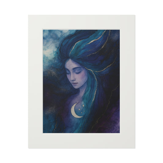 Diosa Lunar - Láminas de Arte - Serie Diosa Estilo Tinta con Alcohol Marco de Papel con Paspartú
