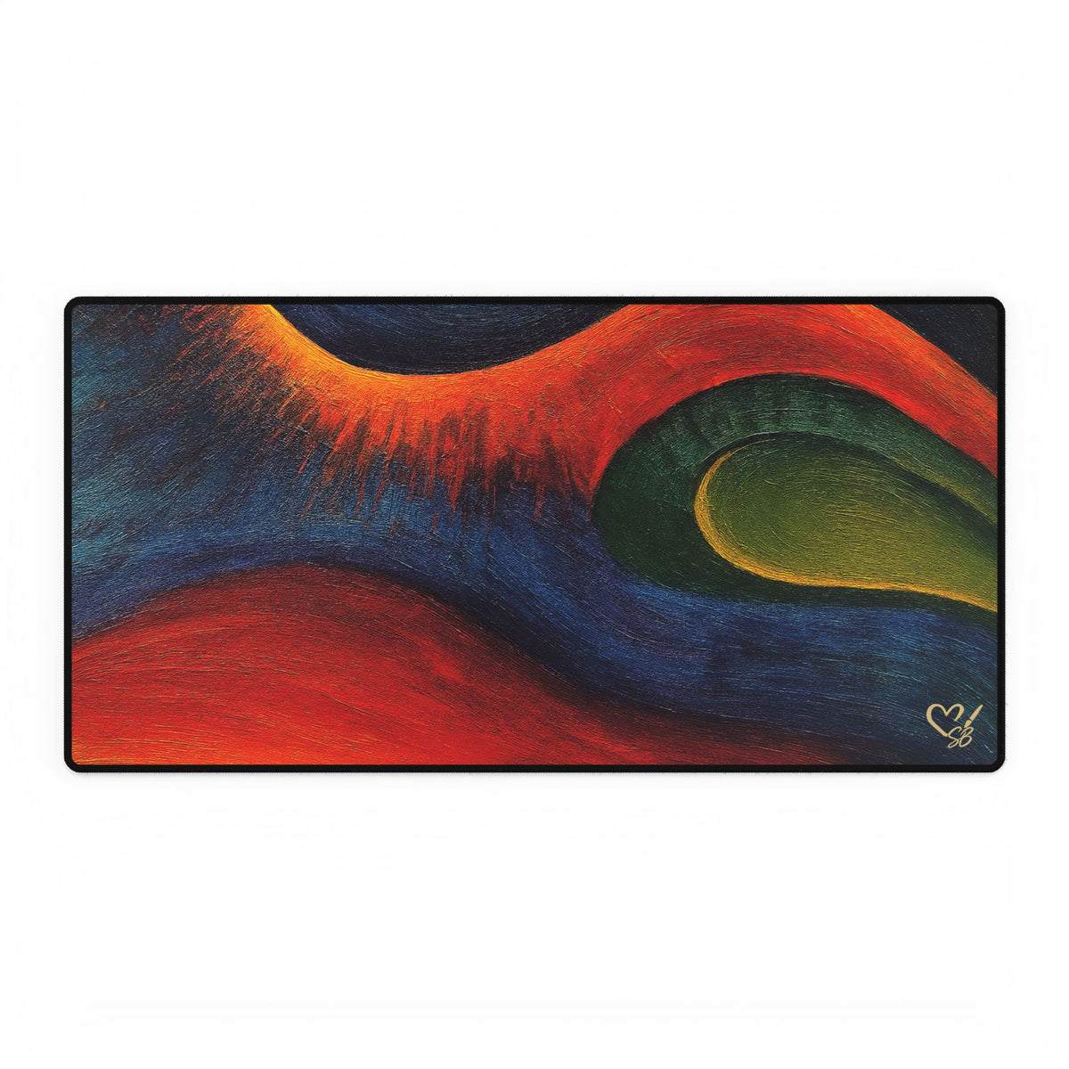 Wide abstract desk mat with red, navy and green flowing shapes and black edging.
