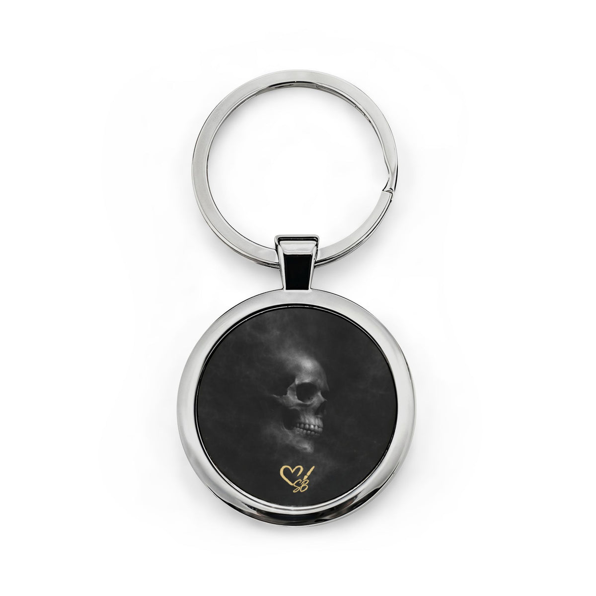 Veiled Remains Skull Keychain — Smoky Skull Round Stainless Steel Keyring with Gold Heart Accent