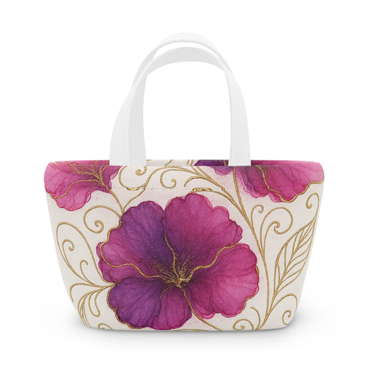 Floral Pink Poppy Lunch Bag — Insulated Tote with Gold Vine Design