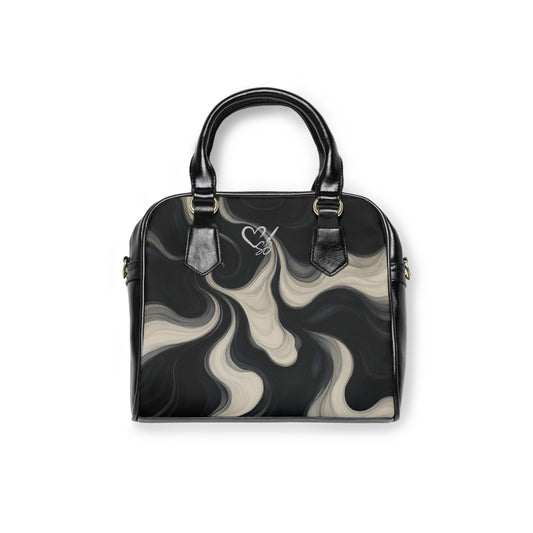 Marble Swirl Shoulder Handbag — Black & Cream Abstract Pattern