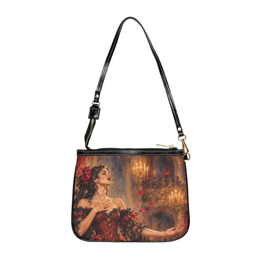 Front of Carmen — The Last Note small shoulder bag with black strap and artwork depicting a singer in a red and black gown with roses and candlelight.