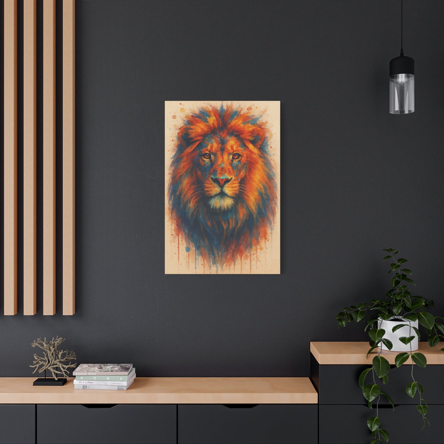 Lion-Bold Colorful Abstract Animal Acrylic Ink Matte Canvas (Stretched)