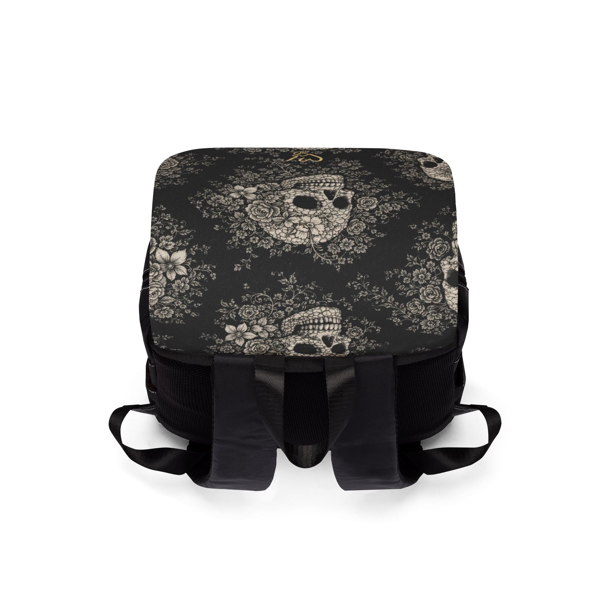 Requiem Bloom backpack close-up of gothic floral skull artwork – dark botanical print by the Soulful Brush