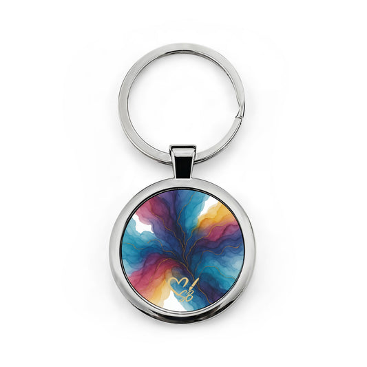 Gloria round stainless steel keychain – colorful abstract swirl art glossy finish everyday keyring by the Soulful Brush
