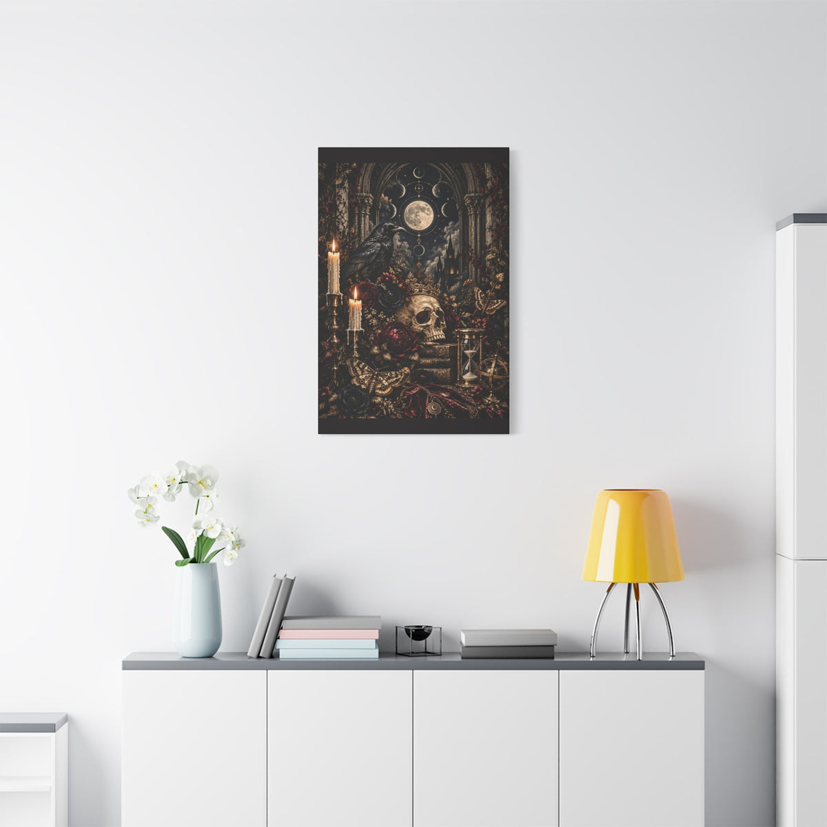 Gothic Moon Skull Canvas Art — Dark Victorian Still Life Wall Decor