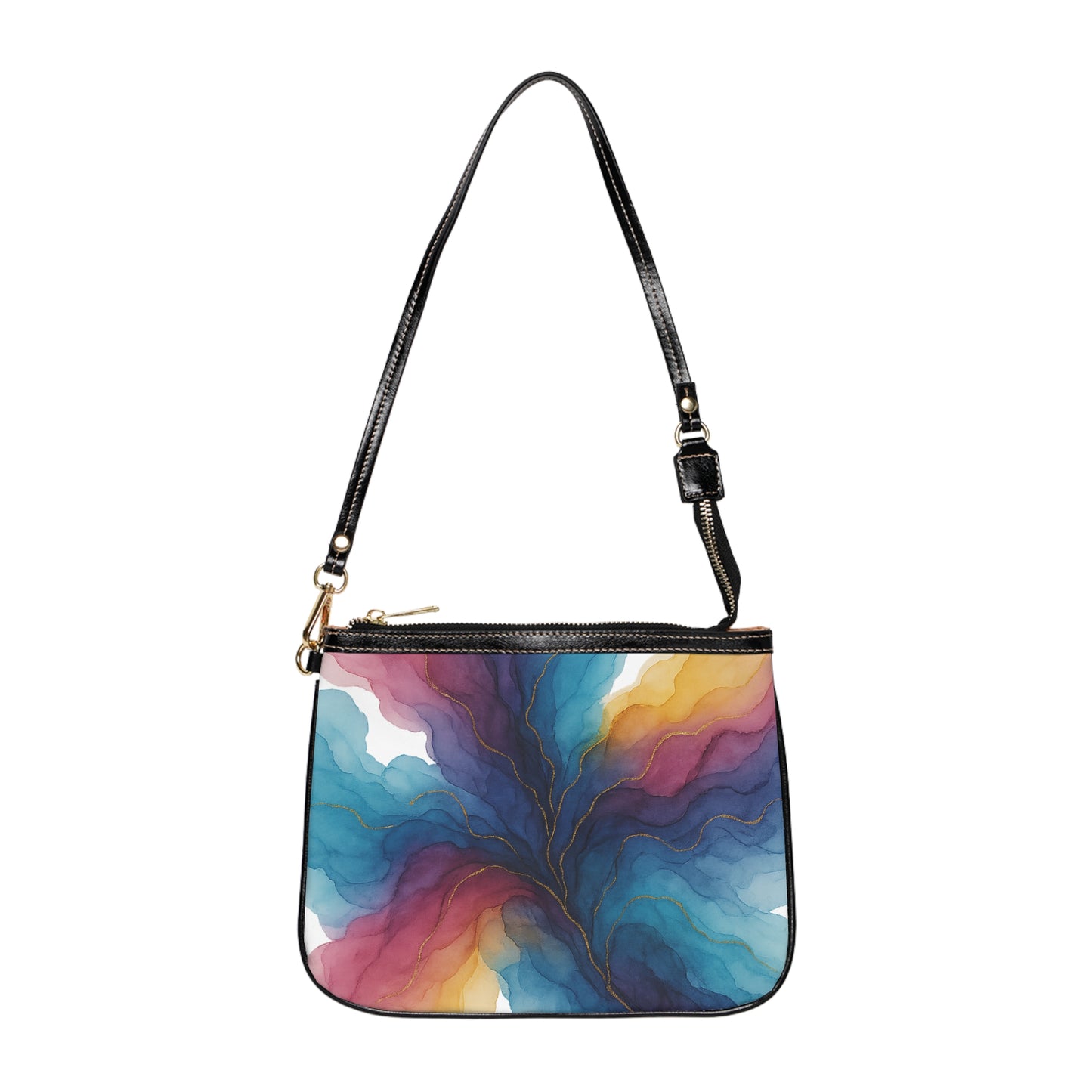 Gloria shoulder bag back view – colorful floral swirl double-sided PU leather purse with gold hardware by the Soulful Brush
