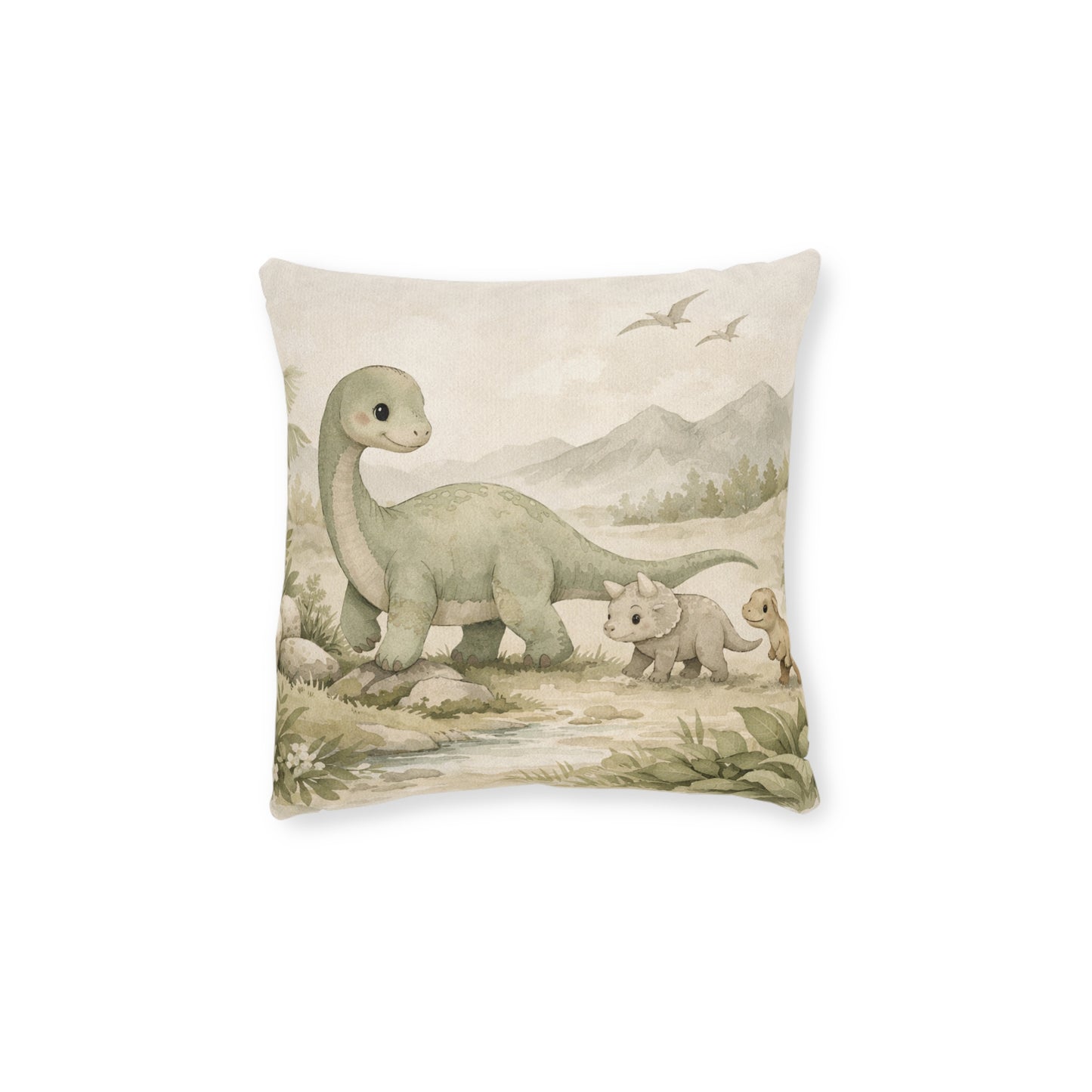 Almohada infantil Vintage Dino Verde — Bonito cojín cuadrado de Brontosaurio y Triceratops
