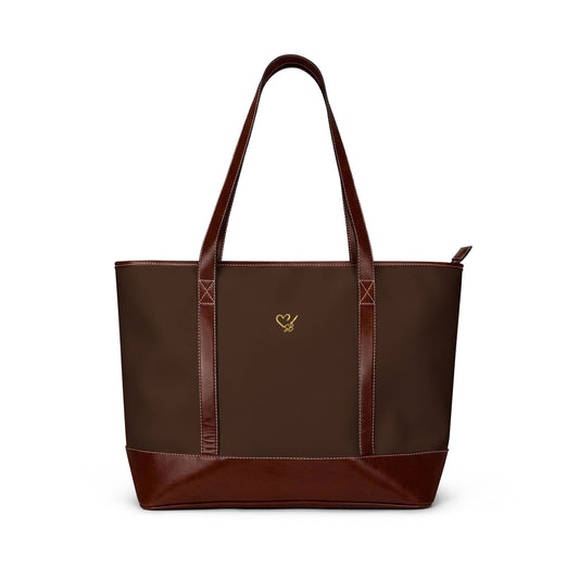 Celestial Brown Leather-Accent Tote Handbag — Moon Phases Print, Everyday Travel & Work Bag