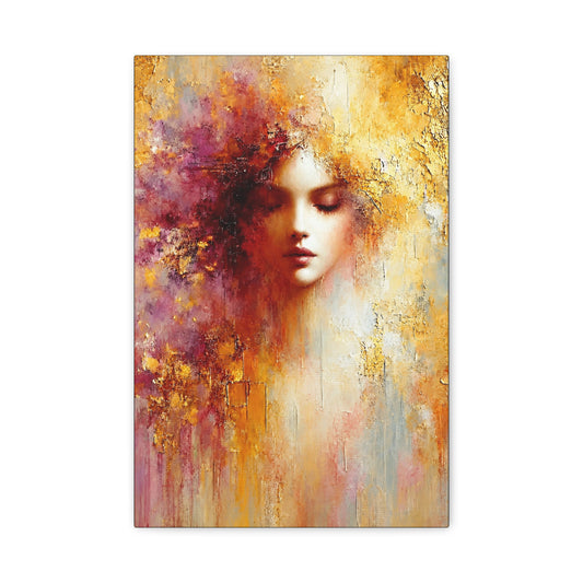 Dissolve Into Light canvas print showing a serene female face amid lavender, crimson and gold-colored painterly effects.