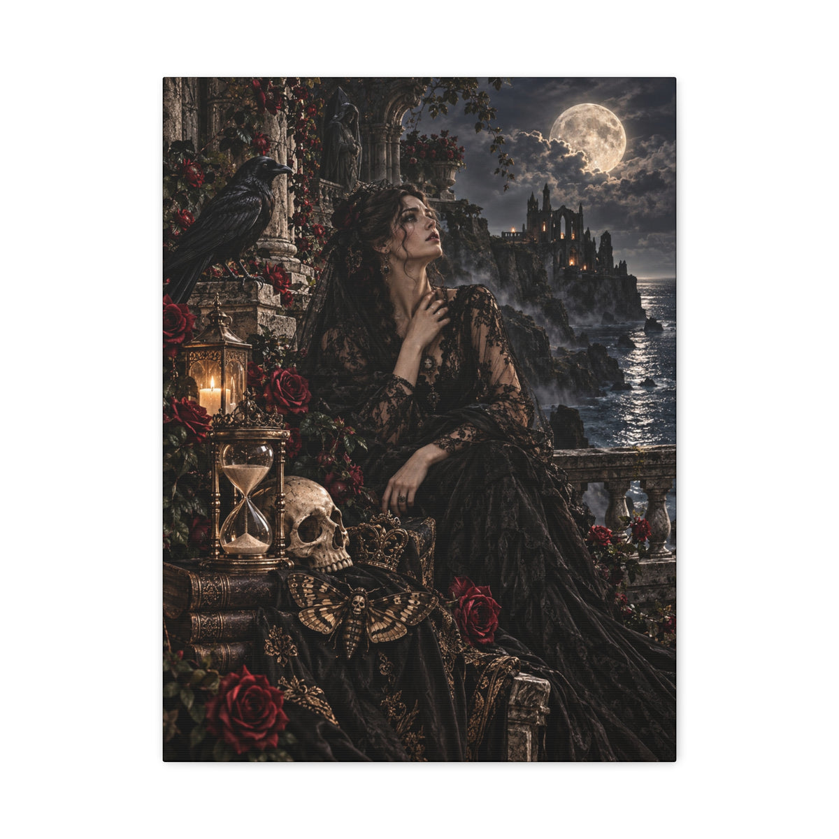 Gothic Moonlight Lady Matte Canvas Wall Art —Garden of Sorrow- Gothic Castle, Skull & Rose Décor