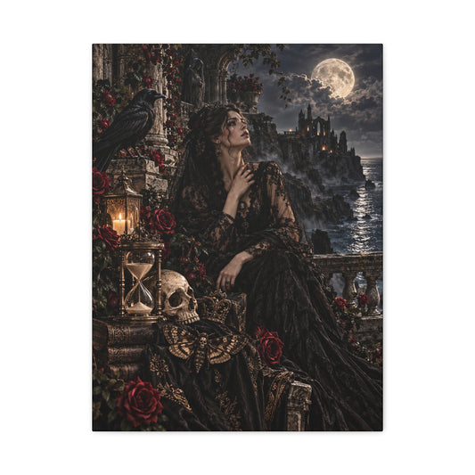 Gothic Moonlight Lady Matte Canvas Wall Art —Garden of Sorrow- Gothic Castle, Skull & Rose Décor