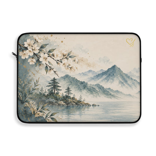Serene Mountain Lake Laptop Sleeve | Floral Landscape Art