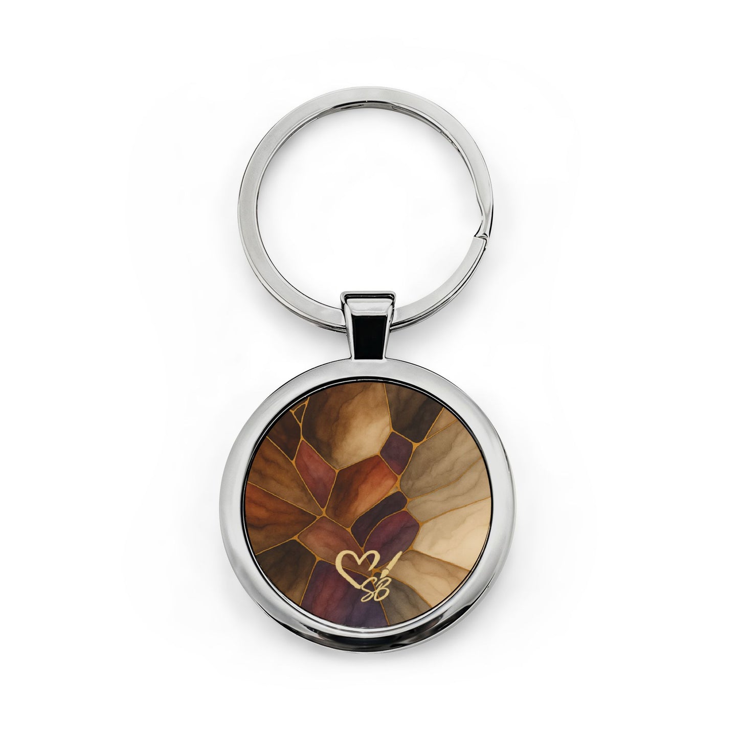 Sienna Artisan Luxe round stainless steel keychain front view – earthtone stained glass floral print keychain accessory by the Soulful Brush
