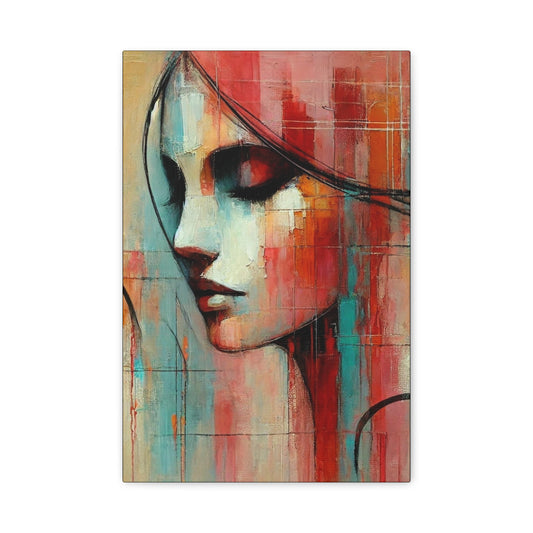 Echoes of Grace canvas print showing an abstract female portrait in coral, turquoise and cream geometric brushwork.