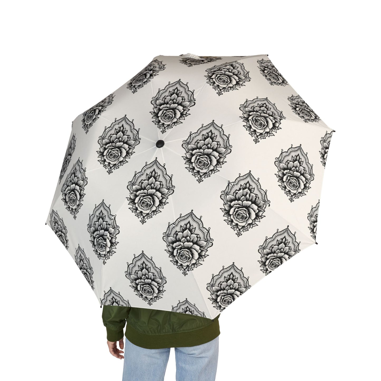 Veiled Rose-Foldable Umbrella — Black Floral Mandala Pattern, Semi‑Automatic Compact Rain Umbrella