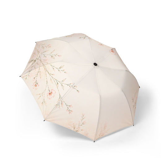 Quiet Bloom floral umbrella open canopy view – waterproof pink rose print compact umbrella by the Soulful Brush
