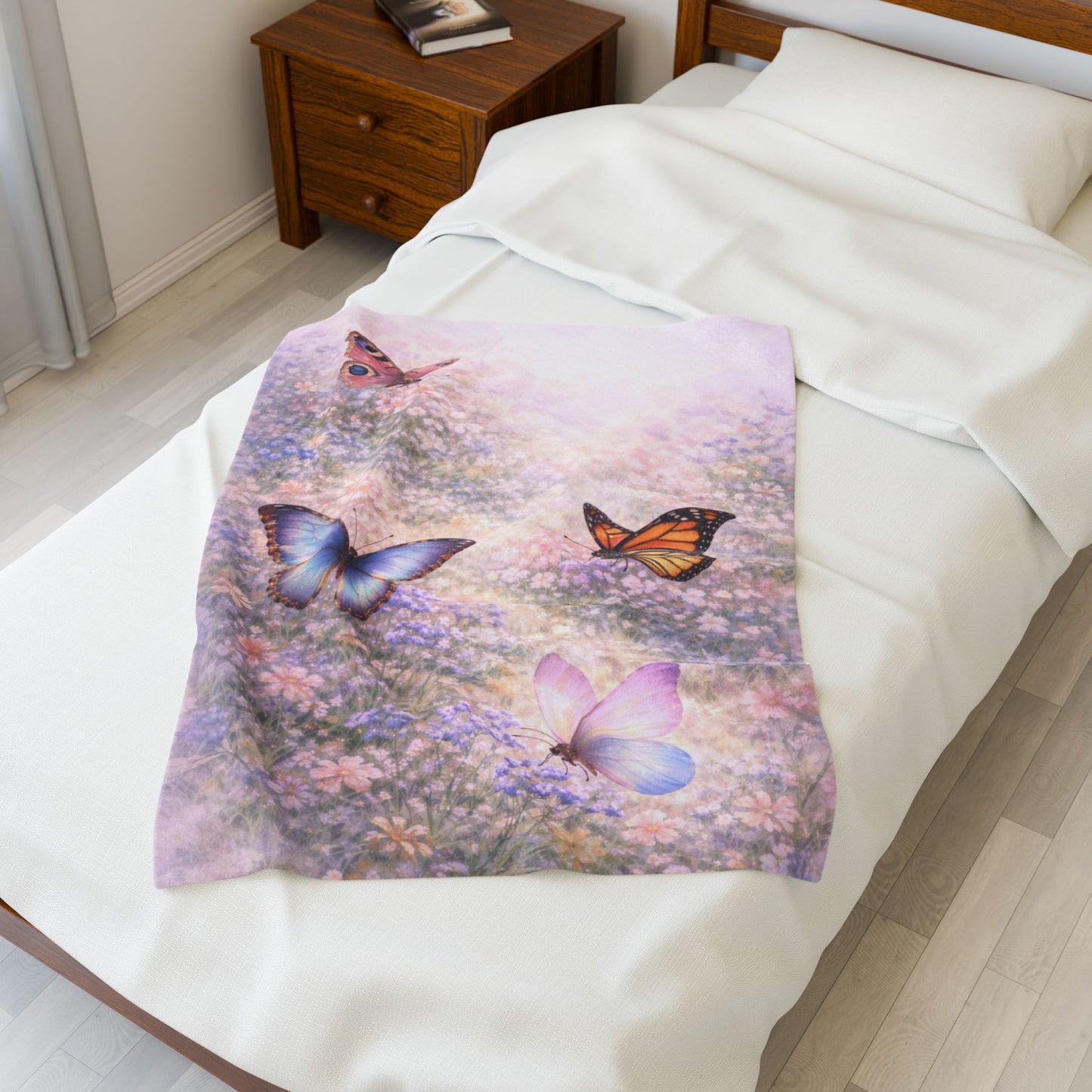 Butterfly Meadow Velveteen Plush Blanket — Soft Pastel Throw for Bedroom, Nursery & Cozy Gifts