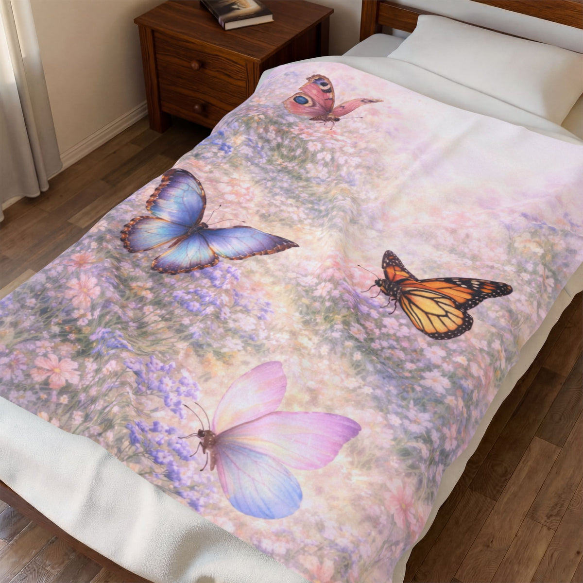 Manta de felpa Butterfly Meadow — Manta suave en tonos pastel para dormitorio, cuarto infantil y regalos acogedores