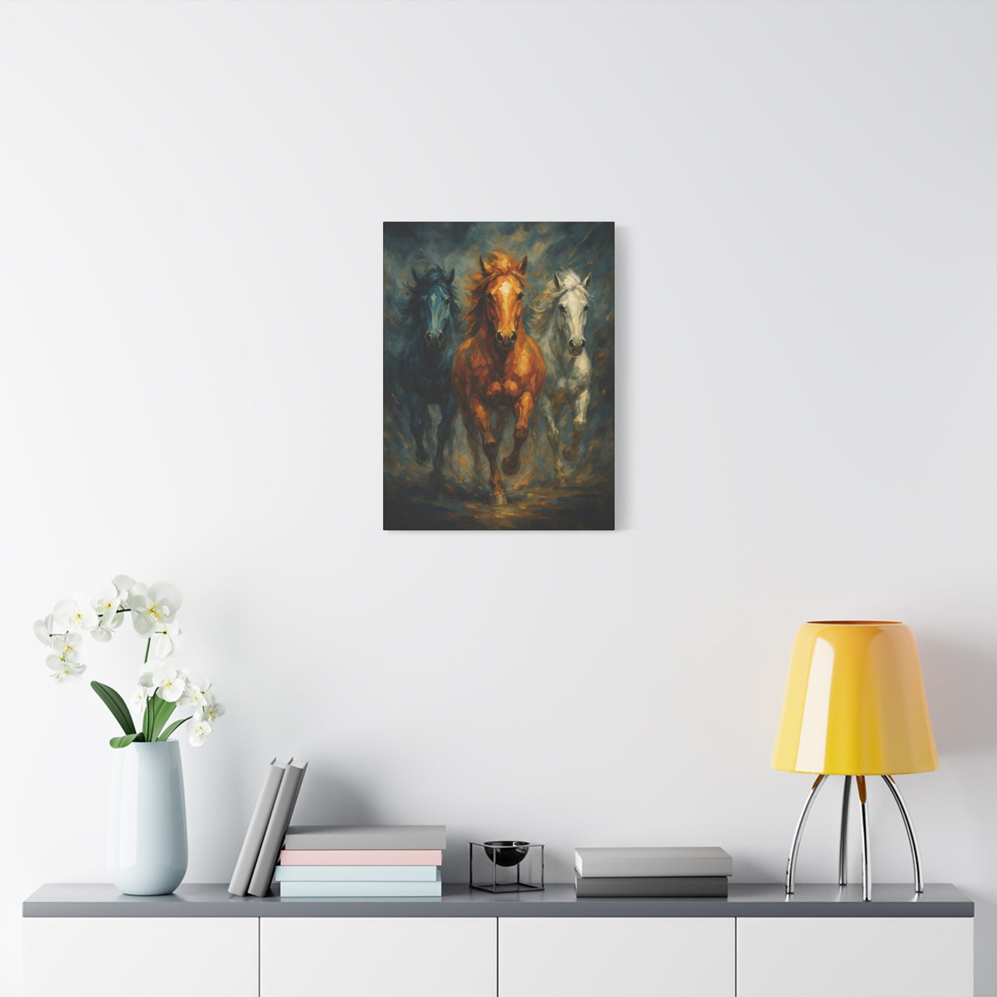 Arte de pared en lienzo mate "Caballos corriendo" — Pintura de trío dramático, estirado 1.25"