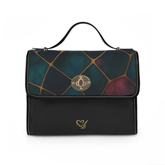 Jada Waterproof Canvas Bag — Teal & Burgundy Geometric Leather-Accented Satchel