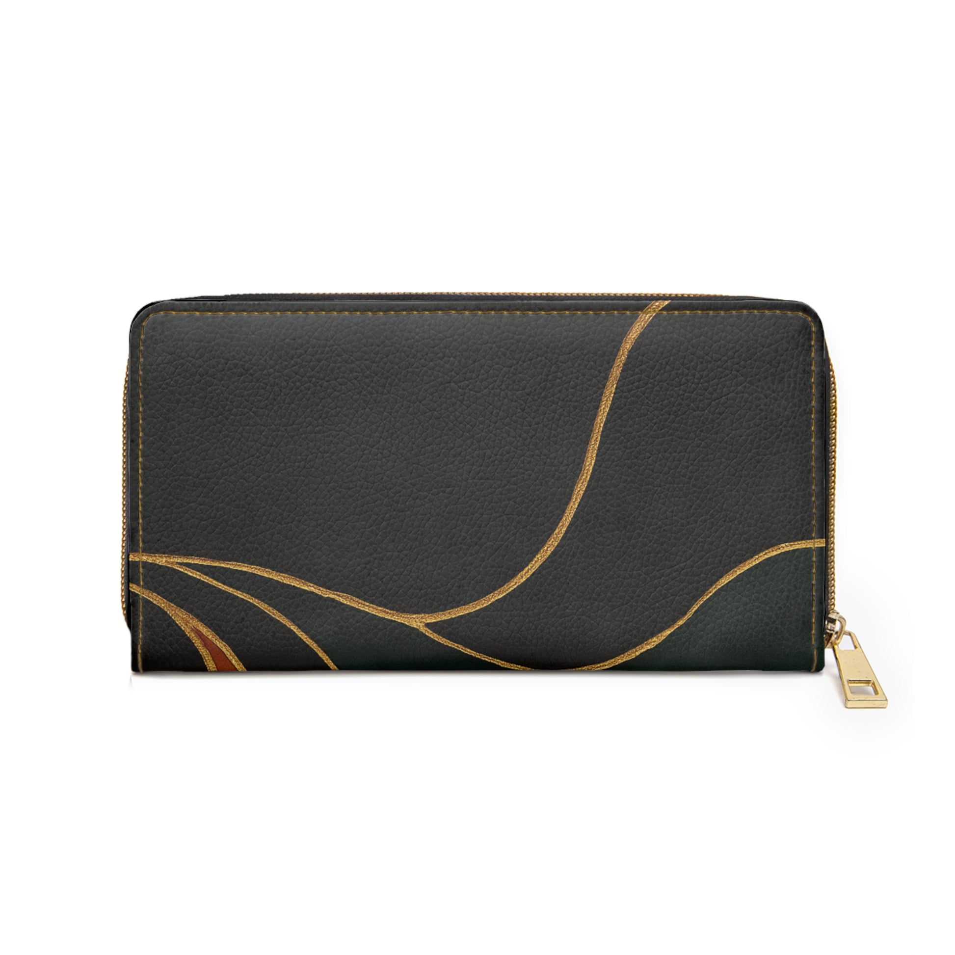 Vivian Artisan Luxe zipper wallet back view – abstract autumn waves earthy green burnt orange print zip-around wallet by the Soulful Brush
