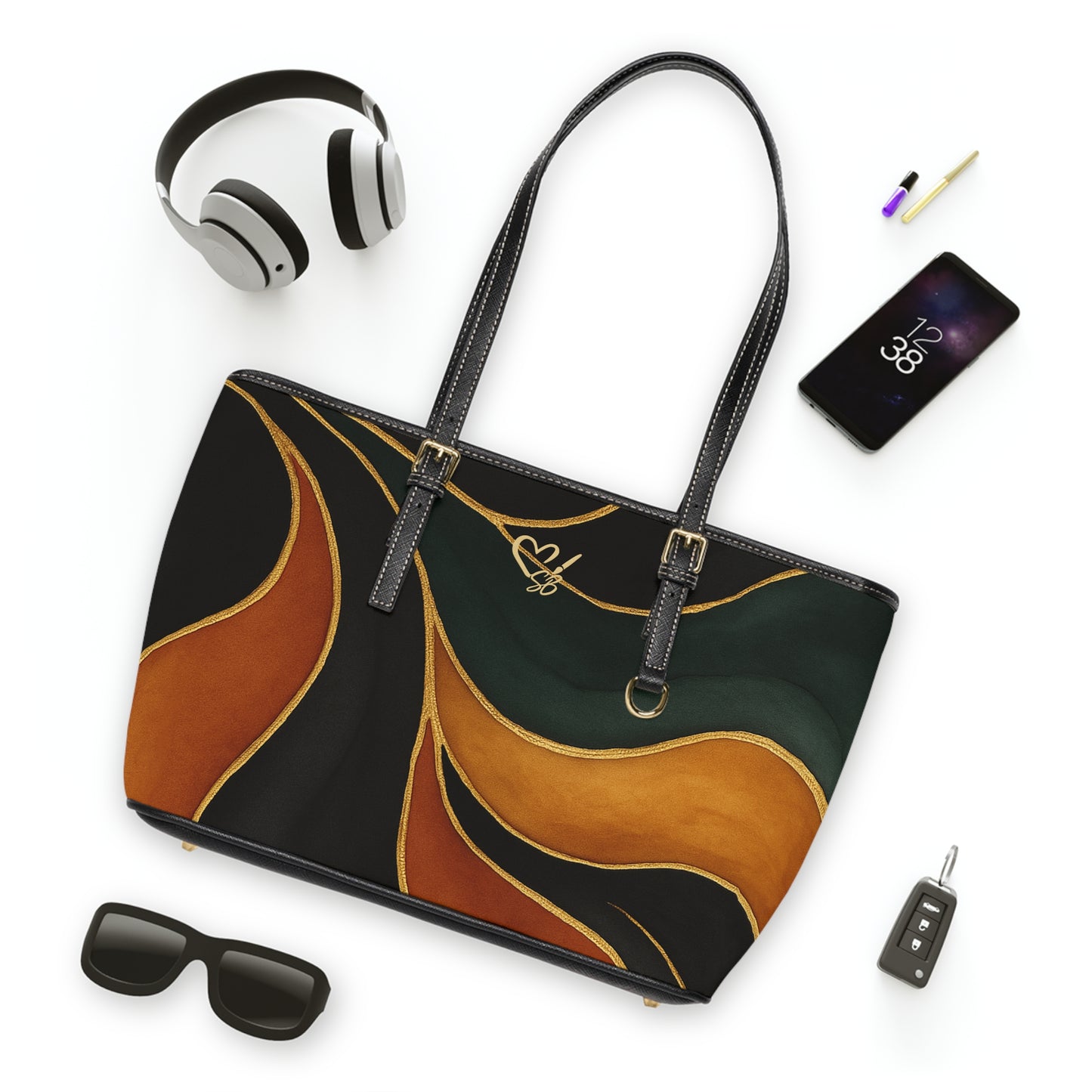 Vivian Artisan Luxe PU shoulder bag flat lay – abstract autumn waves print everyday shoulder bag by the Soulful Brush

