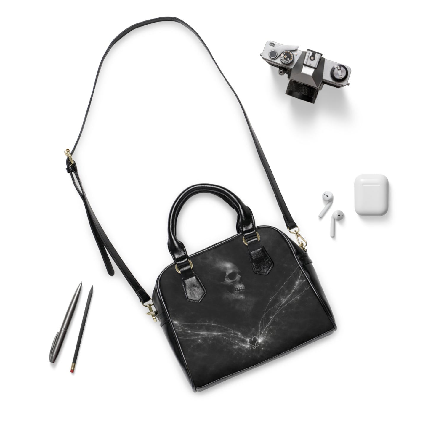 Restos Velados - Bolso de Hombro con Calavera Gótica - Bolso de Calavera Ahumada Oscura con Huesos Cruzados