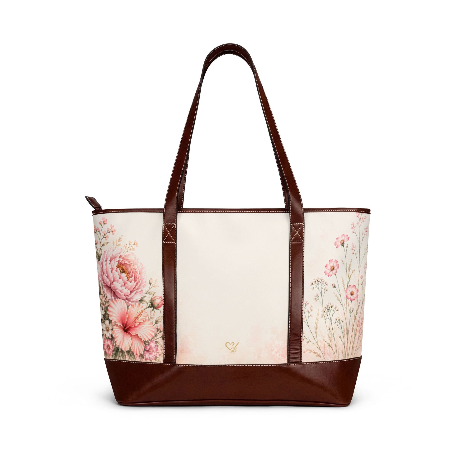 Quiet Bloom floral canvas tote handbag – front view, blush peony garden everyday shoulder bag by the Soulful Brush
