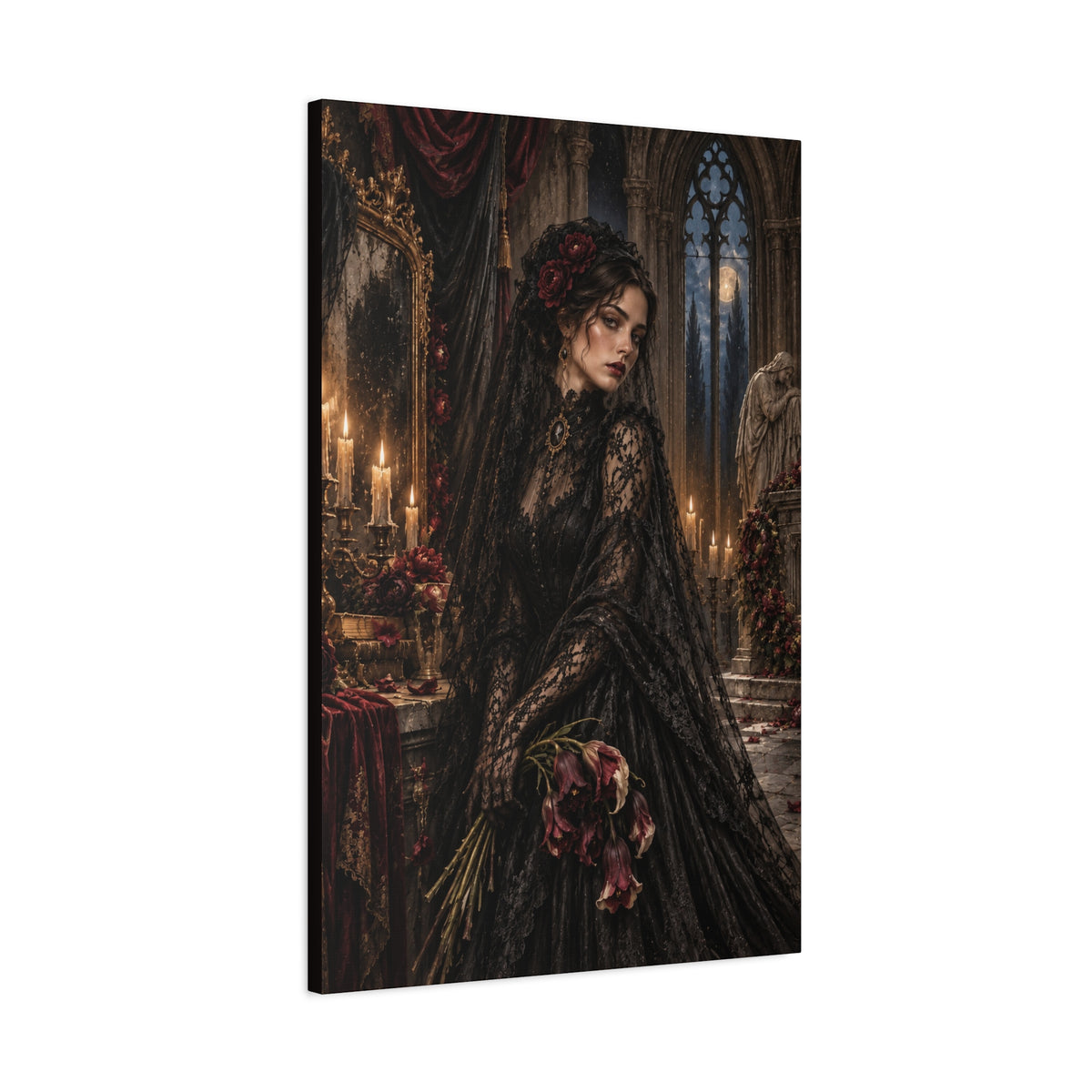 Gothic Mourning Lady Matte Canvas Print — Rose for the Departed-Victorian Dark Romantic Wall Art