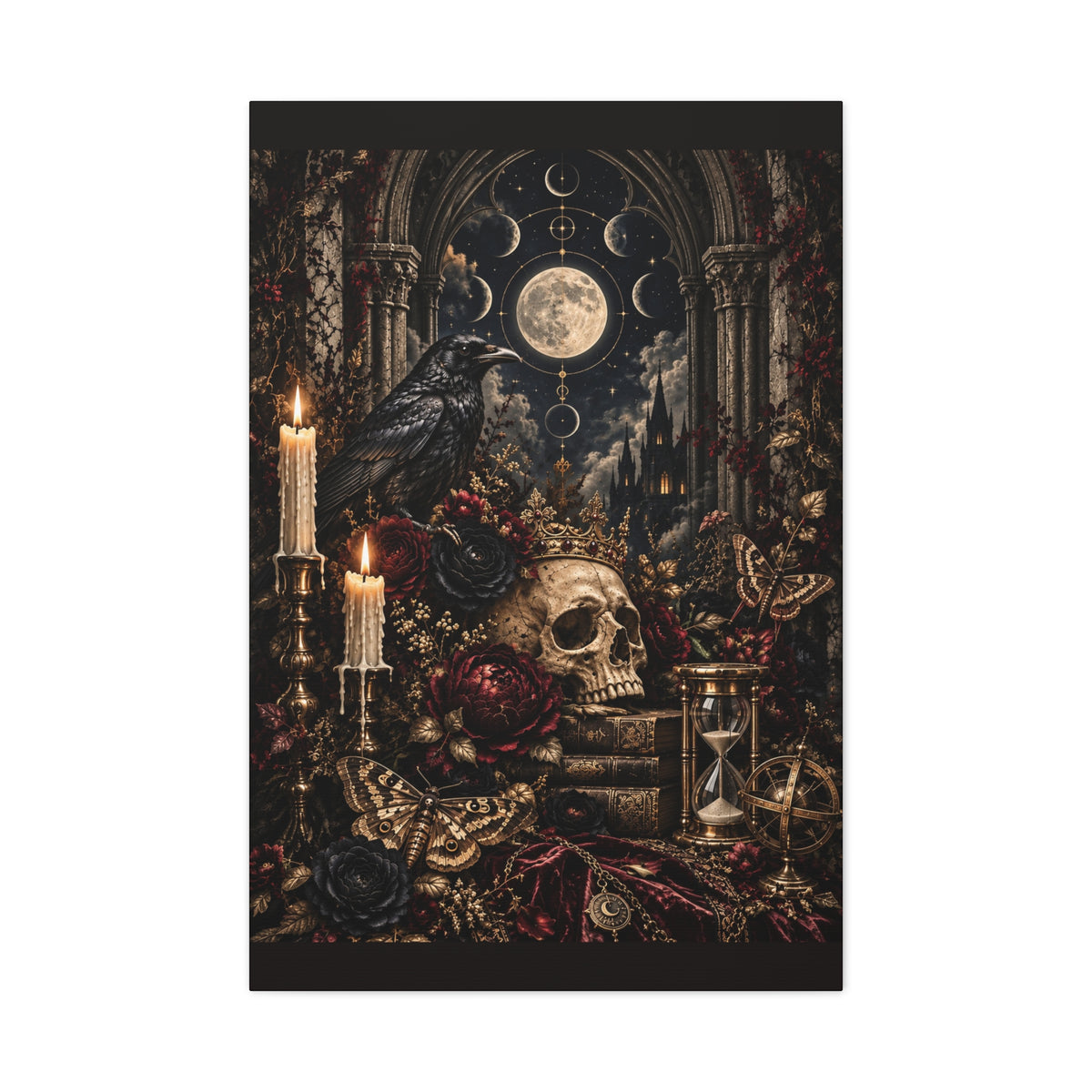 Gothic Moon Skull Canvas Art — Dark Victorian Still Life Wall Decor