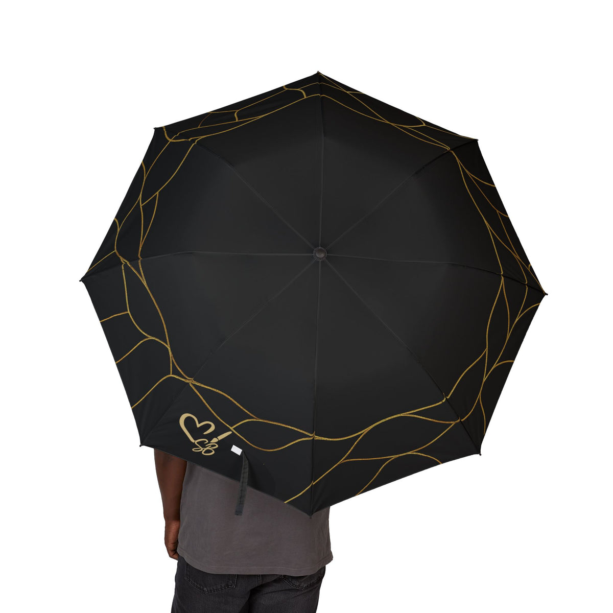 Lola 2- 2025 Artisan Collection-Foldable Black Umbrella with Gold Geometric Lines