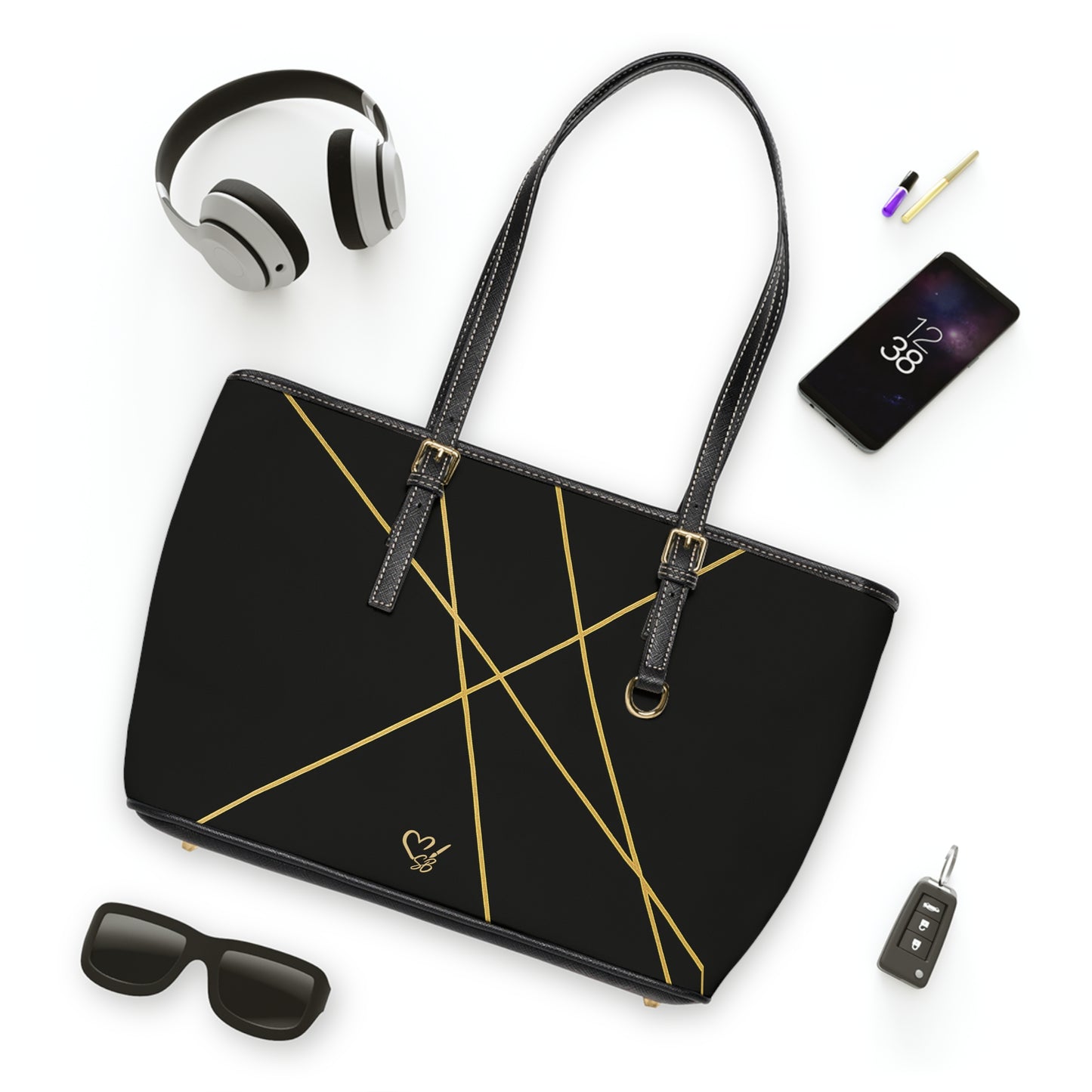 Michelle PU leather tote bag 16x10 flat lay – minimalist black gold geometric line accent handbag by the Soulful Brush
