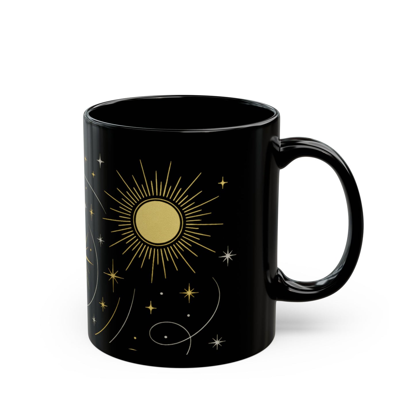 Astrology Sun & Stars Black Mug — Gold Celestial Coffee Cup (11oz/15oz)
