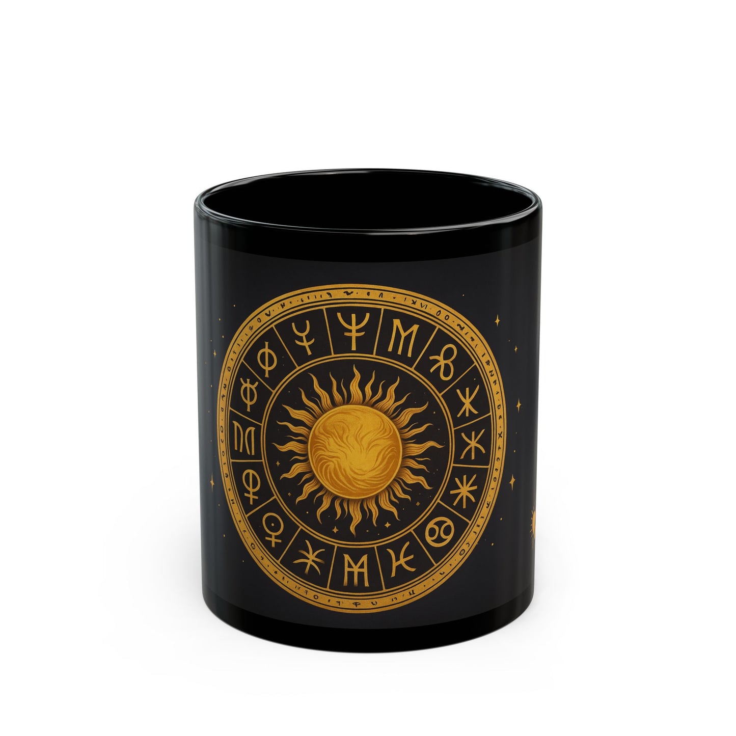 Taza Solar Disk-Black — Taza de café con símbolos astrológicos dorados (325 ml/444 ml)