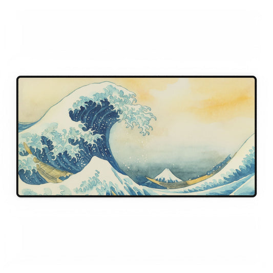Great Ocean Wave desk mat with a curling blue wave, boats and a distant mountain in a Japanese-print-inspired scene.