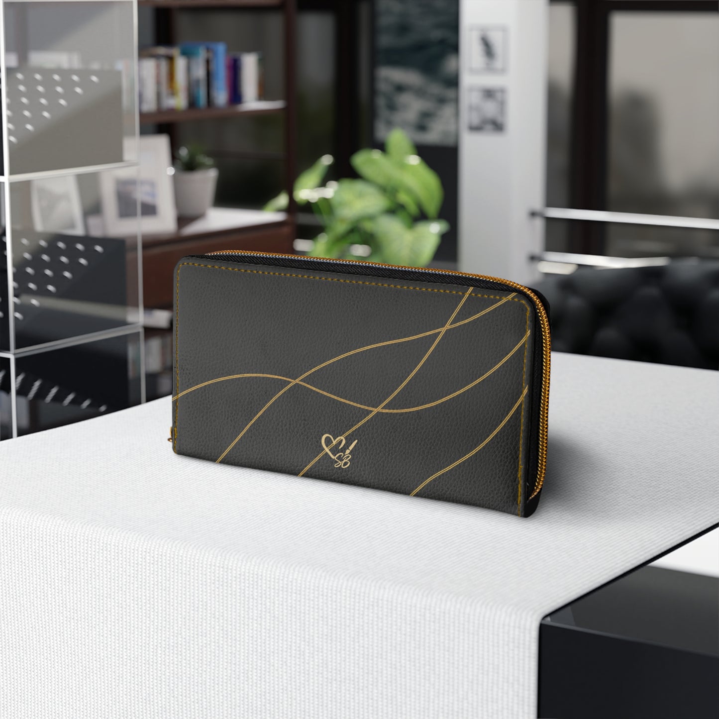 Lola black PU leather zip wallet angled view – gold line art and gold thread stitching by the Soulful Brush
