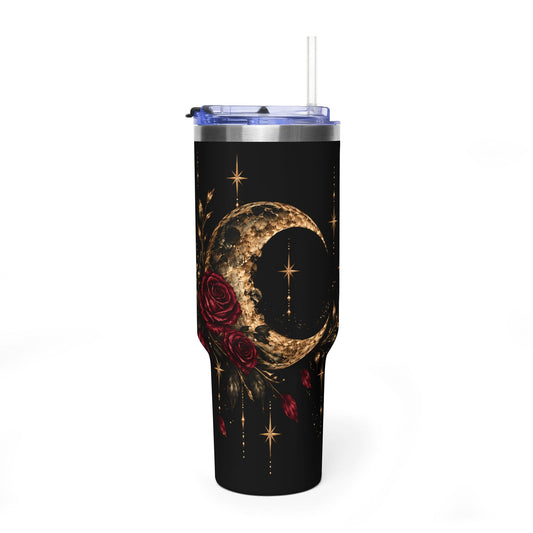 40oz Moon & Roses Tumbler — Gold Crescent Floral Vacuum Insulated Mug