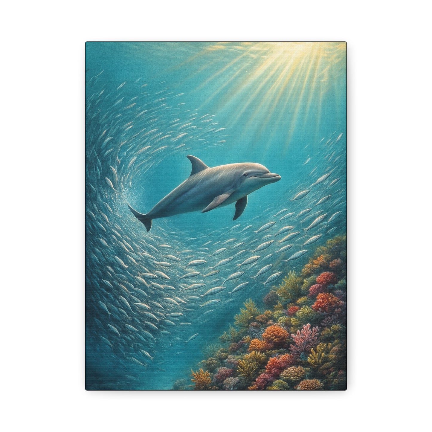 Estampa artística de delfín en el océano con paspartú — Arte de pared marino submarino
