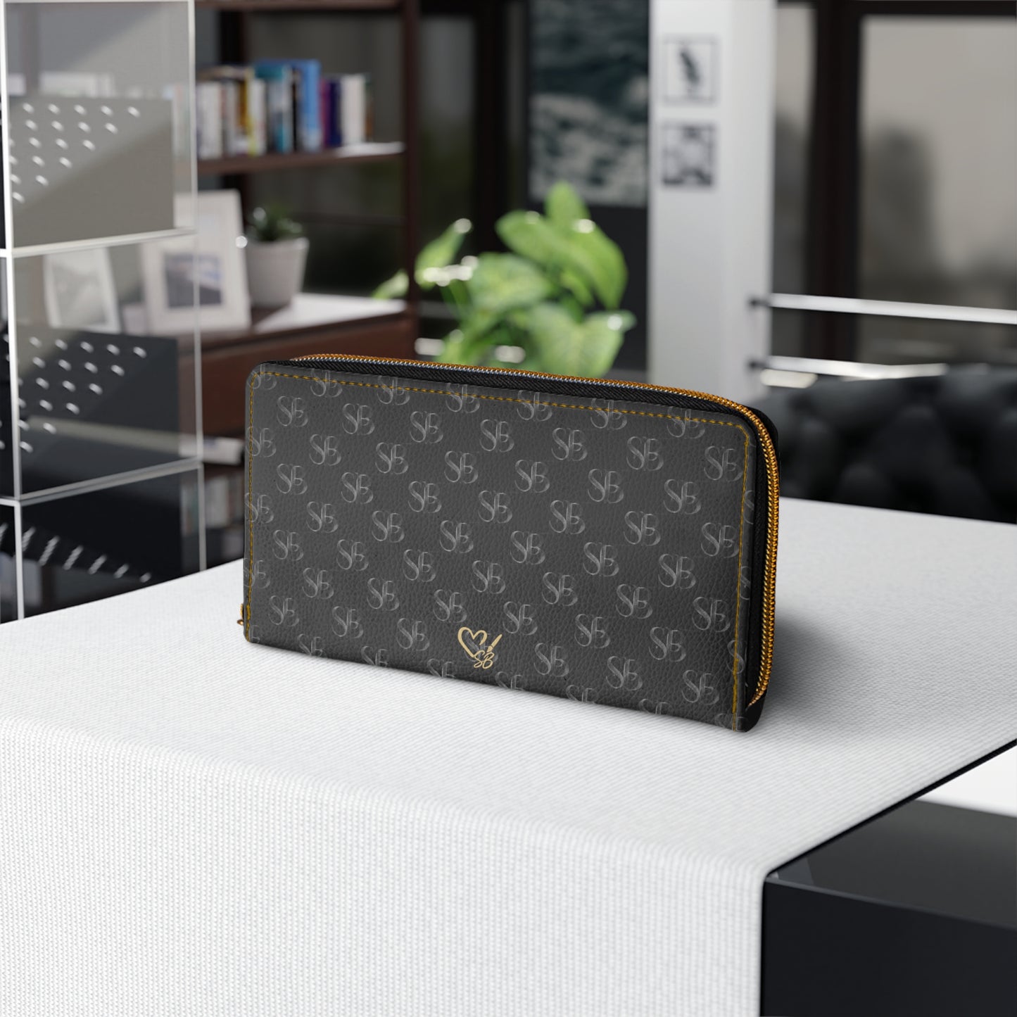 Eclipse- Zipper Wallet – Classic Black Logo Print with Gold Hardware