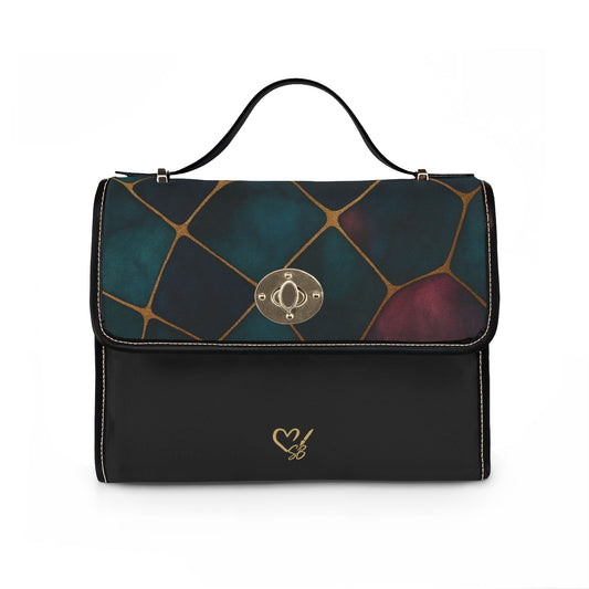 Michelle PU leather tote bag 17x11 flat lay – minimalist black gold geometric line accent handbag by the Soulful Brush
