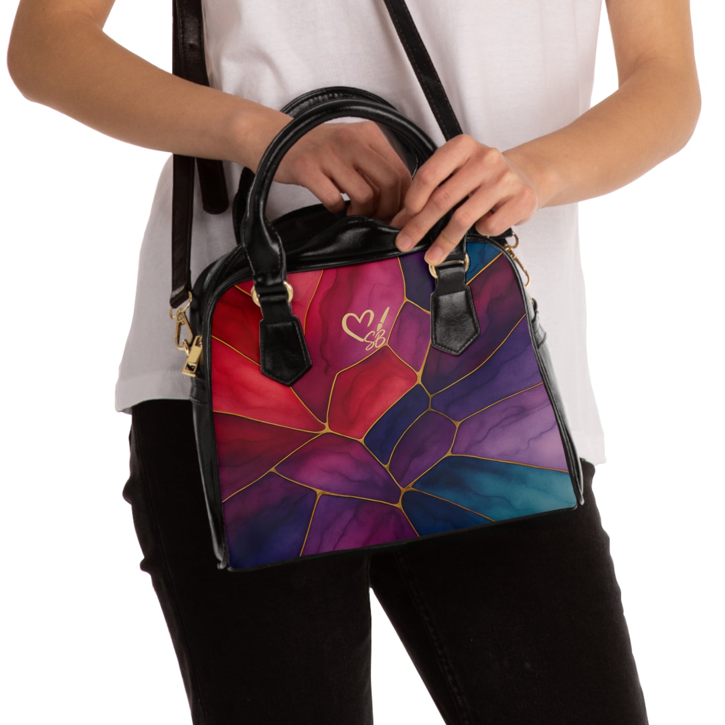 Shelby Artisan Luxe shoulder bag lifestyle view – vibrant jewel-tone stained glass print structured shoulder bag by the Soulful Brush
