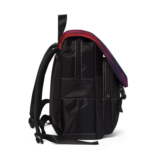 Shelby Artisan Luxe flap backpack left side view – vibrant jewel-tone stained glass print structured flap backpack by the Soulful Brush
